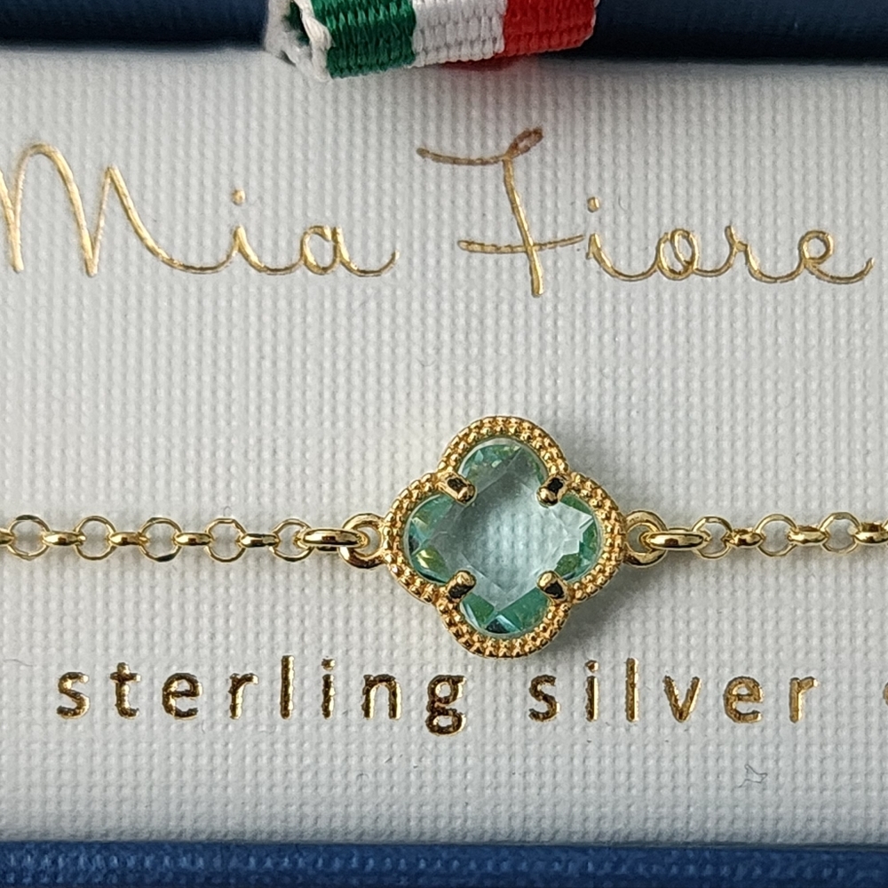 14k Gold-Plated Silver Fixed Charm Blue Crystal Clover Accent Bracelet 6.5"+1